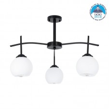GloboStar LUNA Μοντέρνο Φωτιστικό Οροφής Μπάλα Τριφωτο Μαύρο Μέταλλο με Λευκό Γυαλί 01087