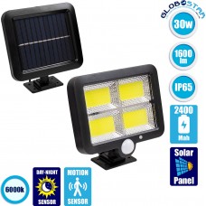 Αυτόνομος Ηλιακός Προβολέας LED 128 4 x COB 30W 1600lm με Ενσωματωμένη Μπαταρία 2400mAh, Φωτοβολταϊκό Πάνελ με Αισθητήρα Ημέρας-Νύχτας, PIR Αισθητήρα Κίνησης Αδιάβροχο IP65 Ψυχρό Λευκό 6000K GloboStar 71462
