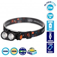 Φακός Κεφαλής Επαναφορτιζόμενος LED CREE XML2-T6 Chip 25 Watt 2500lm με 1 x 18650 Μπαταρία 3400mAh Θερμό Λευκό 3000K και Ψυχρό Λευκό 6000K GloboStar 79065