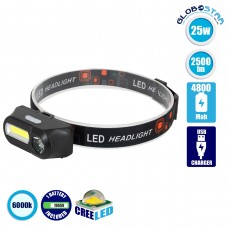 Φακός Κεφαλής Επαναφορτιζόμενος LED CREE COB XML2-T6 Chip 25 Watt 2500lm με 1 x 18650 Μπαταρία 4800mAh και με Καλώδιο Φόρτισης USB Ψυχρό Λευκό 6000K GloboStar 79066