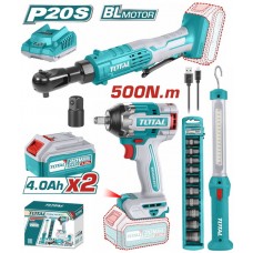 TOTAL ΕΠΑΓΓ. ΣΕΤ ΜΠΟΥΛΟΝΟΚΛΕΙΔΟ + ΚΑΣΤΑΝΙΑ + ΛΑΜΠΑ ΣΥΝΕΡΓ. ΜΠΑΤ. Li-ion 20V / 4Ah / 2 ΜΠΑΤ TOSLI240461E