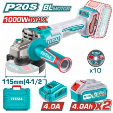 TOTAL ΣΕΤ ΓΩΝΙΑΚΟΣ ΤΡΟΧΟΣ 115mm ΜΠΑΤ. Li-ion 20V / 4Ah / 2 ΜΠΑΤ BL Motor TAGLI271532E